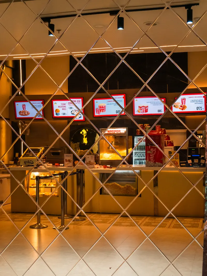 The Galaxy Cafe counter seen through a diamond mirror grid